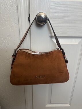 GUESS Suede Shoulder Bag in Cognac Brown with Dark Strap